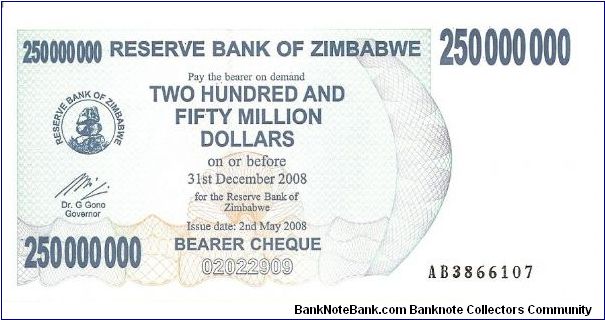 Bearer cheque; 250,000,000 dollars; May 2, 2008.  Part of the Elephant Collection! Banknote