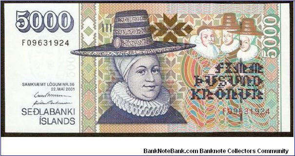 5,000 Kronur.

Ragnheithur Jonsdottir at center, Bishop G. Thoraksson with two previous wives at right on face; Jonsdottir teaching two girls embroidery on back.

Pick #58 Banknote