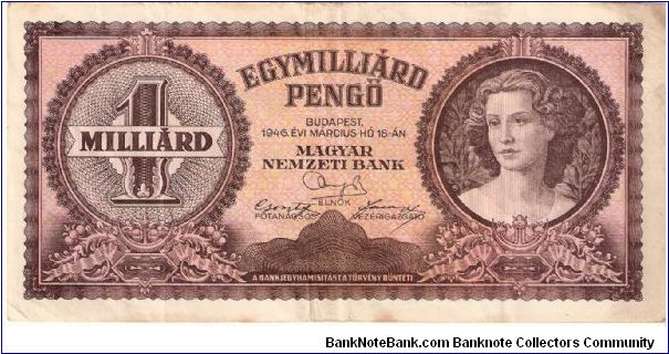 1 billion pengo; March 18, 1946

Part of the Billionaire Collection! Banknote
