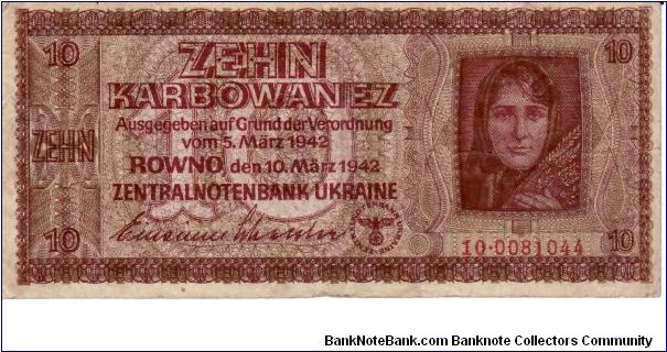 UKRAINE (GERMAN OCCUPATION)~10 Karbowanez 1942. Banknote