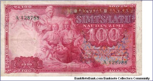 LATVIA (1st REPUBLIC)~100 Latu 1939 Banknote