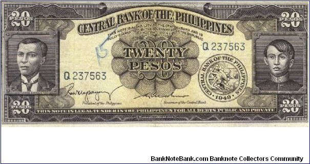 PI-137b Philippine English Series 20 Pesos note with scarce signature group 2. Banknote