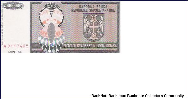 20,000,000 DINARA

A 0113465

P # R 13 A Banknote