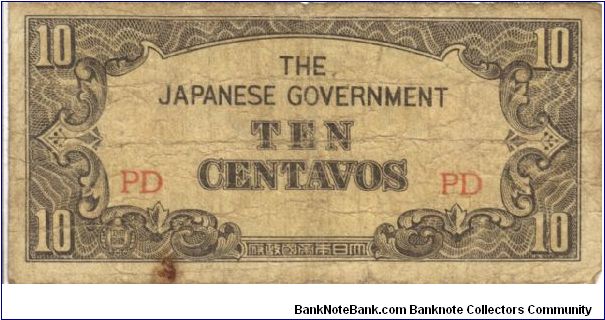 PI-104 Philippine 10 centavos note under Japan rule, scarce markings PD. Banknote