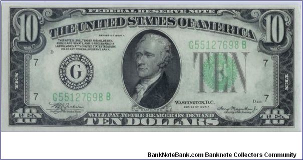 1934 A $10 CHICAGO FRN 

**BLUE GREEN SEAL**

#2 OF 2 CONSECUTIVE Banknote