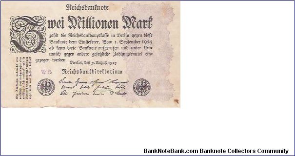 2 MILLIONEN MARK

WB

9.8.1923

P # 104 C Banknote