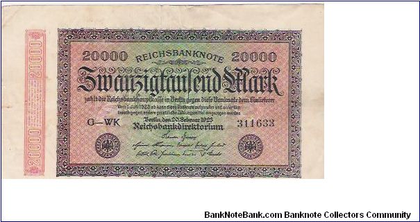 20,000 MARK

G-WK  311633

20.2.1923

P # 85 B Banknote