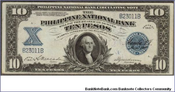 p54 1921 10 Peso PNB Circtulating Note Banknote