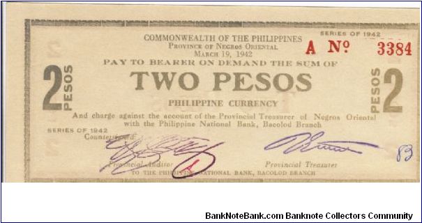 S-655b Commonwealth of the Philippines, Province of Negros Occidental 2 Pesos note. Banknote