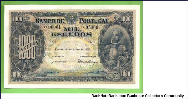 1000 ESCUDOS 1920
LUIS DE CAMÕES
EXT.RARE WITHOUT PRICE ON PORTUGUESE CATALOGUE 202mmX126mm
RRRR
ONLY 435.000 WERE ISSUED Banknote