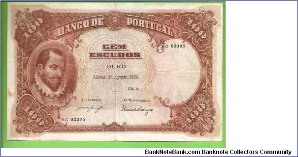 100 ESCUDOS 1920 DIOGO DE COUTO 
210mmX135mm VERY RARE Banknote