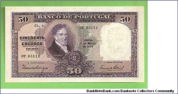 50 ESCUDOS 1933
BORGES CARNEIRO
SCARCE EF 163mmX90mm Banknote