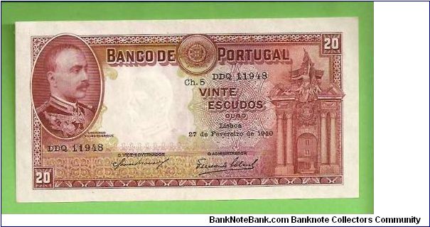 20 escudos 1940 EF
Mouzinho da Silveira 
a scarce note in this condition Banknote