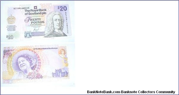 20 Pounds. Royal Bank of Scotland Plc. To Commemorate the 100th Birthday of Queen Elizabeth The Queen Mother Banknote