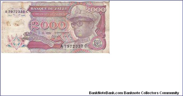 2000 ZAIRES

A 7972337 C

1.10.1991

P # 36 A Banknote