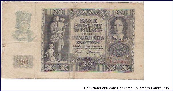 20 ZLOTYCH

F 4727047

1.3.1940

P # 95 Banknote