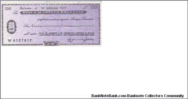 CREDIT NOTE

100 LIRE

No 4137817

18.2.1977 Banknote