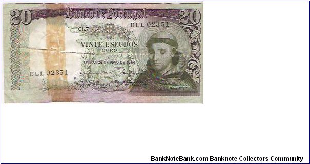 20 ESCUDOS

BLL 02351

26.5.1964

P # 167 B Banknote