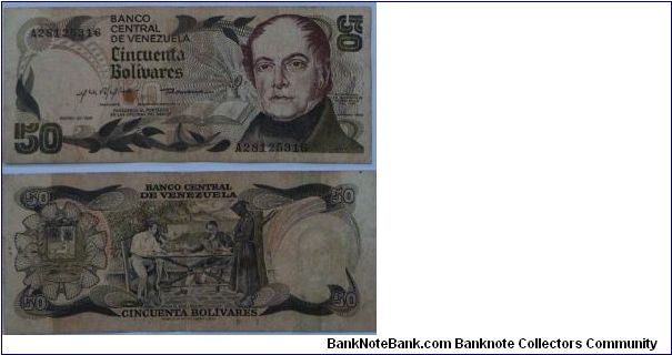 50 Bolivares. Commemorative for Birth Bicentennial of Andres Bello. Banknote