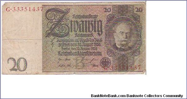 20 DEUTSCHE MARK

G 33351437

22.1.1929 OLD DATE

P # 5 A Banknote