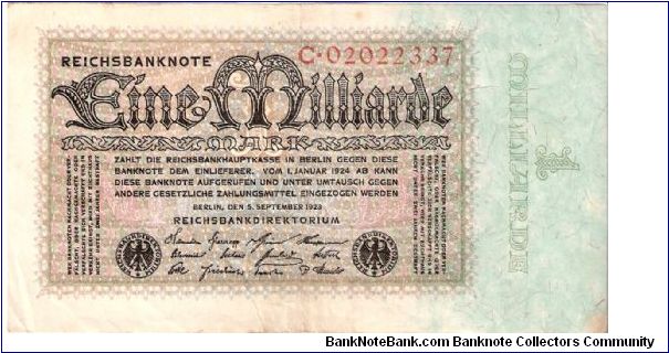 1 billion marks; September 5, 1923

Part of the Billionaire Collection! Banknote