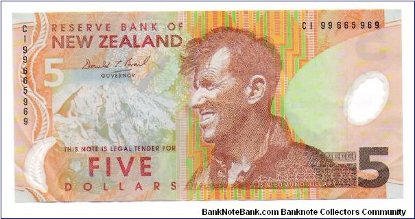Sir Edmund Hillary, 5 Dollar note. Banknote