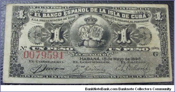 1 Peso de la Isla de Cuba.  American Banknote Company. Banknote
