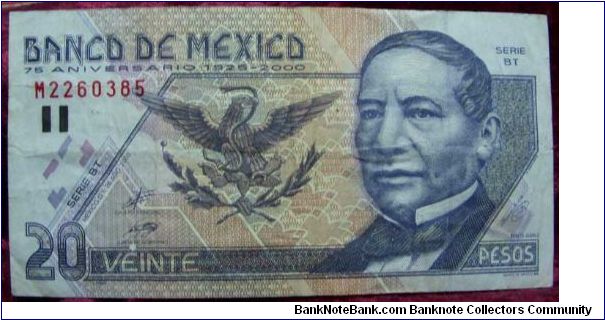 20 Pesos; 75th Anniversary Bank of Mexico Banknote