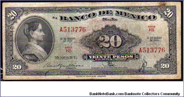 20 Pesos__
pk# 54 g__
18-03-1959
 Banknote