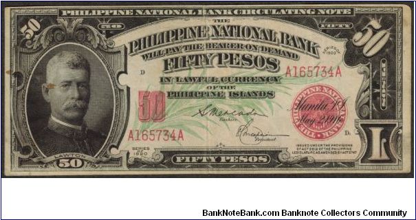 p49 1920 50 Peso PNB Circulating Note Banknote
