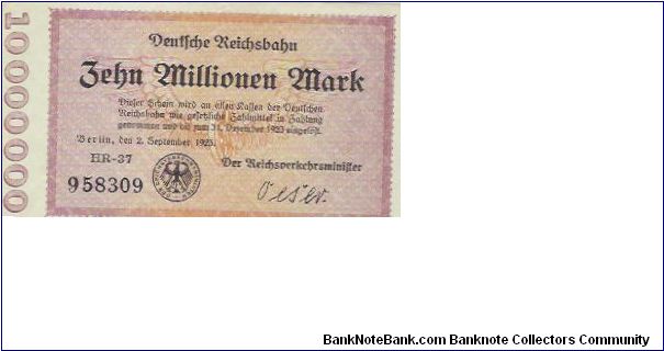 10,000,000 MARK

HR-37   958309

2.9.1923 BERLIN Banknote