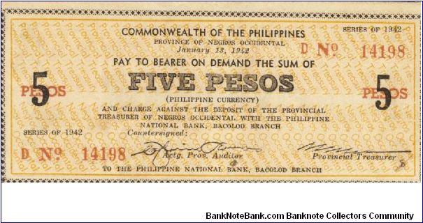 S-638 Negros Occidental 5 pesos note. Banknote