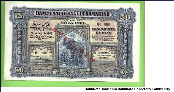 50 RÚPIAS 1924 PORTUGUESE INDIA SPECIMEN - VERY RARE Banknote