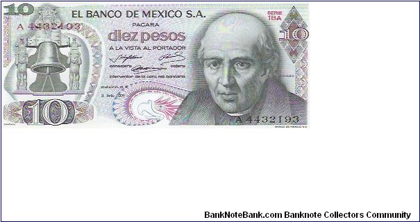 10 PESOS

A 4432193

SERIE 1BA

3.2.1971

P # 63 D Banknote