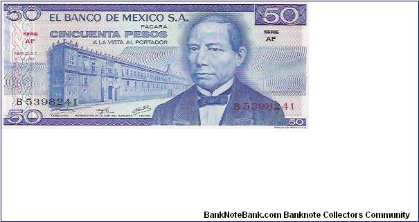 50 PESOS

B 5398241

SERIE AF

18.7.1973

P # 65 A Banknote