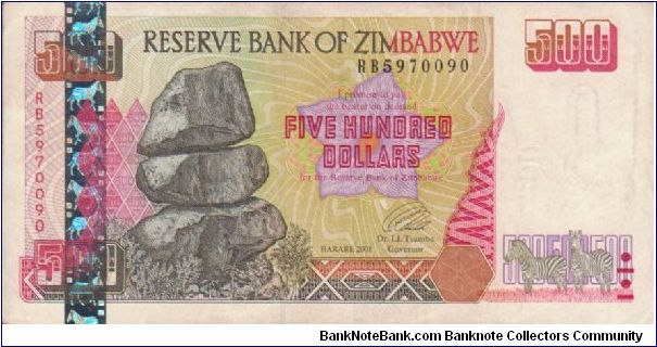 Zimbabwe $500 note dated 2001 Banknote