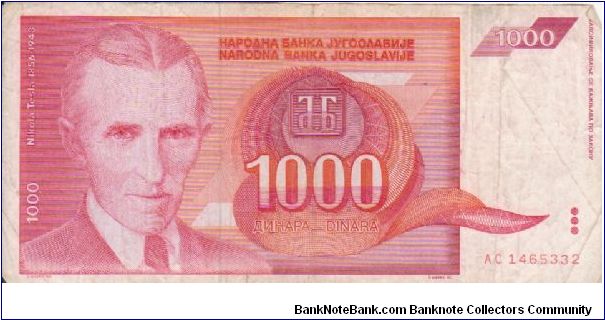 Yugoslavia 1000 Dinars dated 1992 Banknote