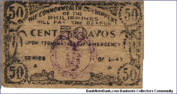 S-404 Leyte Emergency Currency Board 50 Centavos note. Banknote