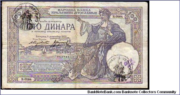 100 Dinara__
Pk R 13 b__

WWII__
Italian Occupation of Montenegro__
Hand Stamp
#Verificato#__
Issued 1941
 Banknote