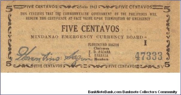 S-481b Mindanao Emergency Currency board 5 centavos note. Banknote