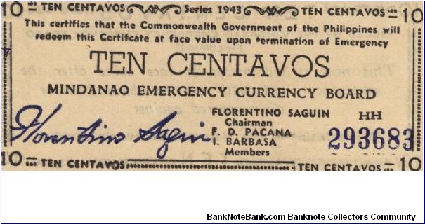 S-502 Mindanao Emergency Currency Board 10 centavos note. Banknote