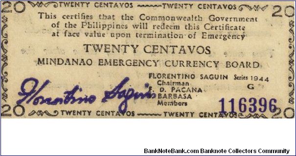 S-513a Mindanao Emergency Currency Board 20 centavos note. Banknote