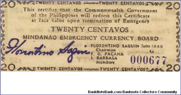 S-533 Mindanao Emergency Currency Board 20 centavos note. Banknote
