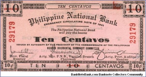 S-621a Negros Occidentay 10 centavos note. Banknote