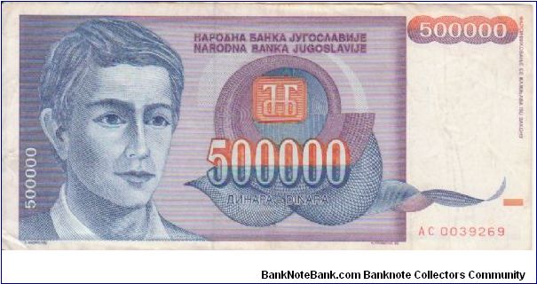 Yugoslavia 500000 Dinars dated 1993 (Purple Version) Banknote