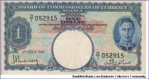 Malaya George VI $1 dated 1941 Banknote