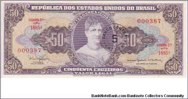 Brazil 50Cr Mauve Front 1950's/60's overstamped with 5 Centavos Banknote