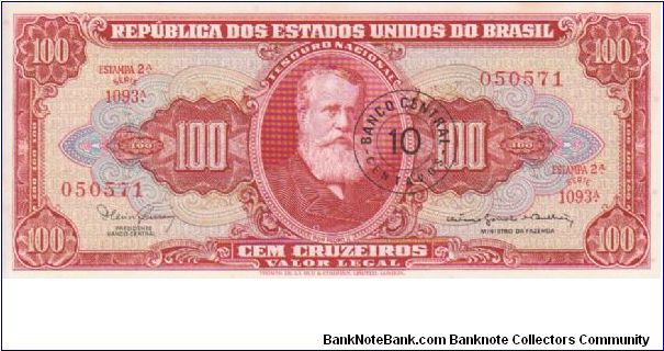 Brazil 100Cr Red Front 1950's/60's overstamped with 10 Centavos Banknote