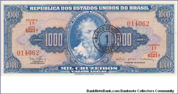 Brazil 1000Cr Orange Front 1950's/1960's overstamped with 1 Cruzeiro Novo Banknote