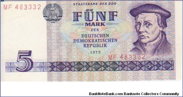 East Germany 5 Marks dated 1975 Banknote